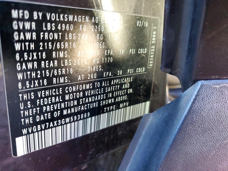 Aukcja sprzedaży 2016 Volkswagen Tiguan S, vin: WVGBV7AX3GW593869, numer aukcji: 72987895