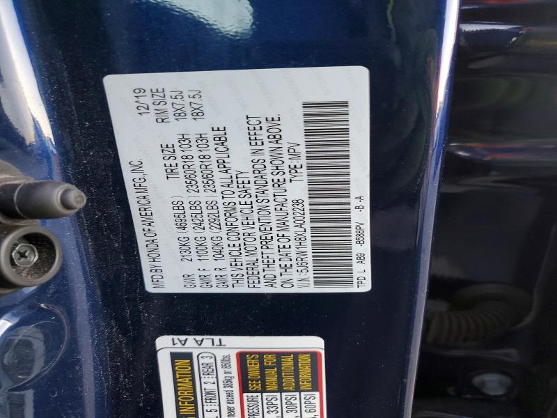 Auction sale of the 2020 Honda Cr-v, vin: 5J6RW1H8XLA002238, lot number: 98270185