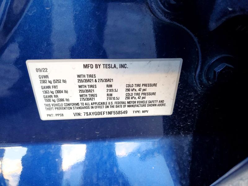 98722045 :رقم المزاد ، 7SAYGDEF1NF558549 vin ، 2022 Tesla Model Y مزاد بيع