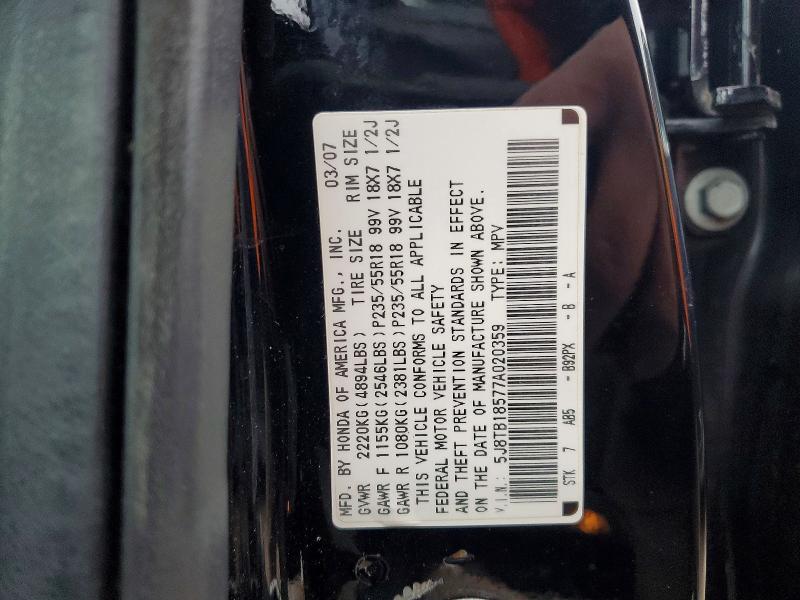 97721865 :رقم المزاد ، 5J8TB18577A020359 vin ، 2007 Acura Rdx مزاد بيع
