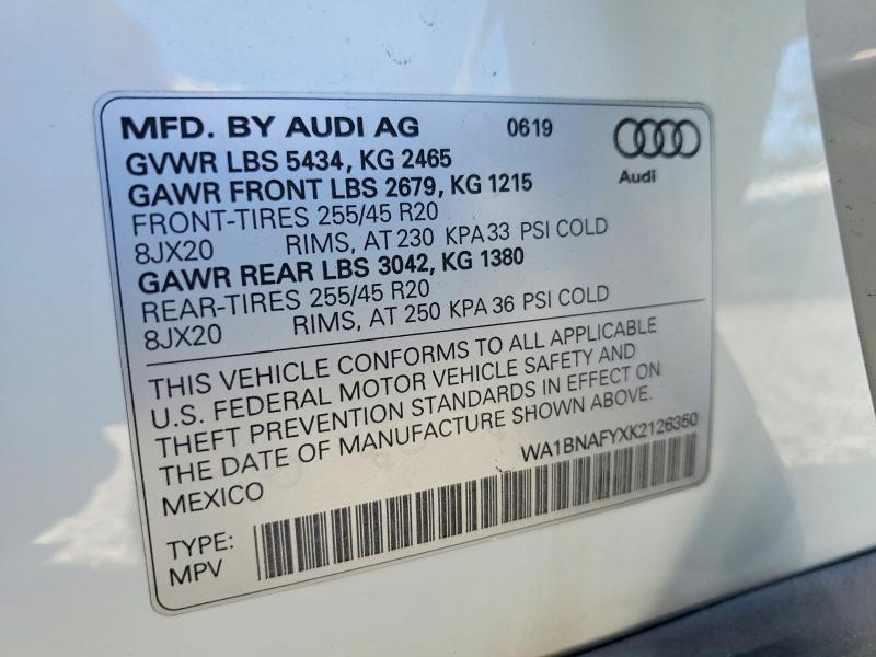 73294275 :رقم المزاد ، WA1BNAFYXK2126350 vin ، 2019 Audi Q5 مزاد بيع
