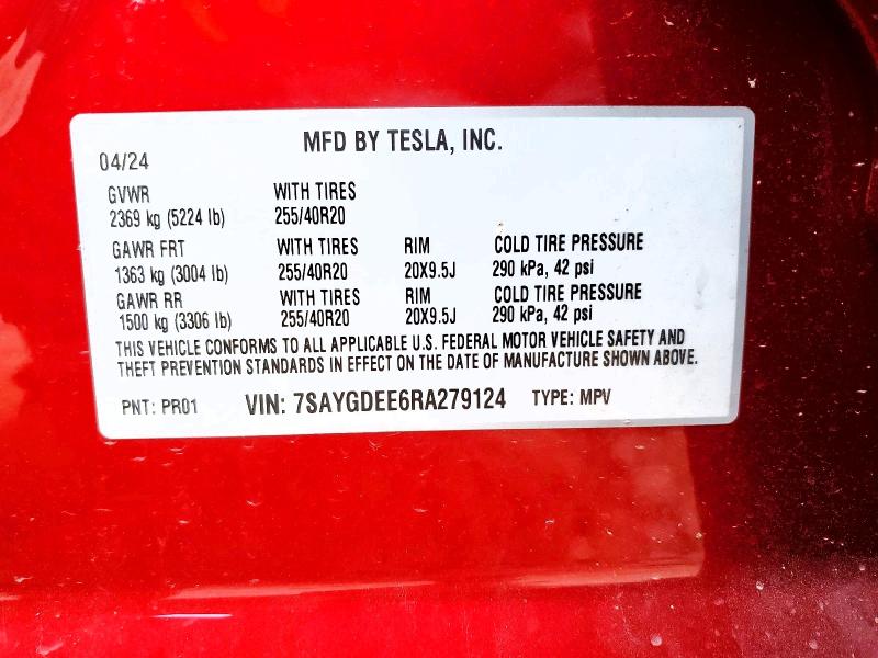 Продажа на аукционе авто 2024 Tesla Model Y, vin: 7SAYGDEE6RA279124, номер лота: 73726455