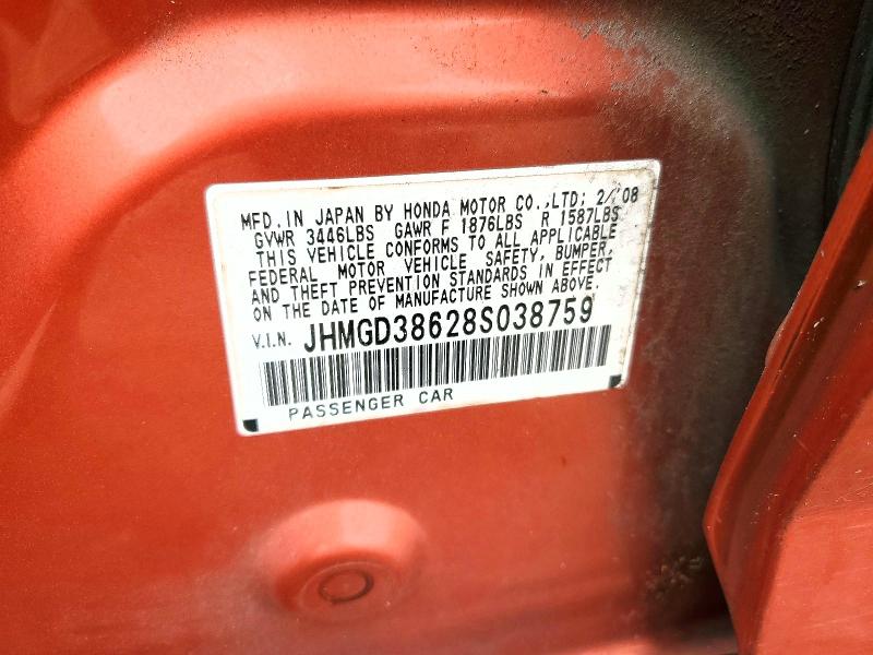 2008 Honda Fit მანქანა იყიდება აუქციონზე, vin: JHMGD38628S038759, აუქციონის ნომერი: 98235975