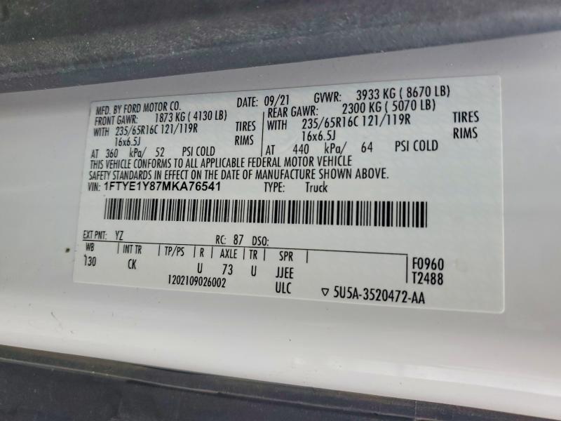 2021 Ford Transit 15 მანქანა იყიდება აუქციონზე, vin: 1FTYE1Y87MKA76541, აუქციონის ნომერი: 74401765