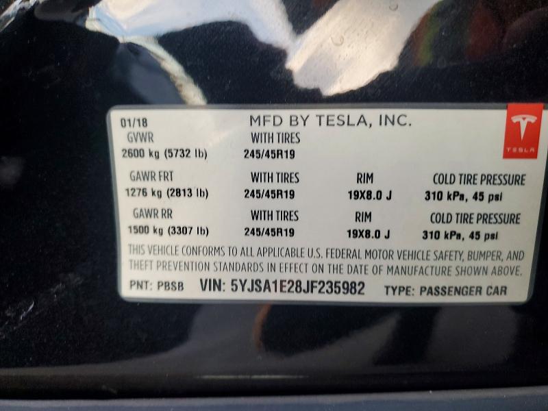Aukcja sprzedaży 2018 Tesla Model S, vin: 5YJSA1E28JF235982, numer aukcji: 73629285