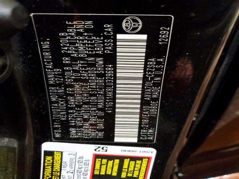 2020 Toyota Camry მანქანა იყიდება აუქციონზე, vin: 4T1G11AK8LU329684, აუქციონის ნომერი: 74304015