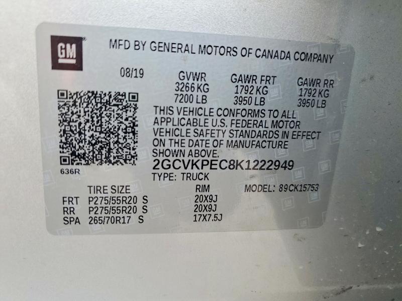 72702395 :رقم المزاد ، 2GCVKPEC8K1222949 vin ، 2019 Chevrolet Silverado Ld مزاد بيع