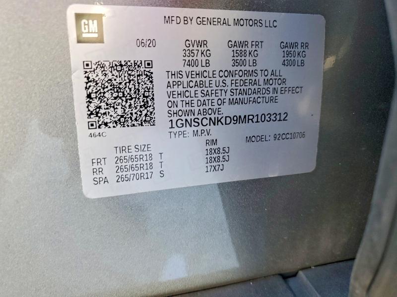 Продаж на аукціоні авто 2021 Chevrolet Tahoe C150, vin: 1GNSCNKD9MR103312, номер лоту: 98826715