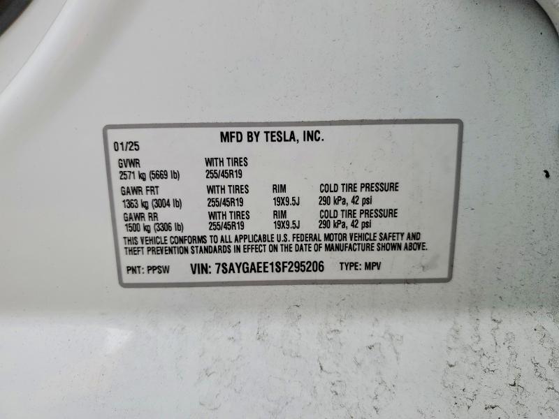 2025 Tesla Model Y მანქანა იყიდება აუქციონზე, vin: 7SAYGAEE1SF295206, აუქციონის ნომერი: 97927535