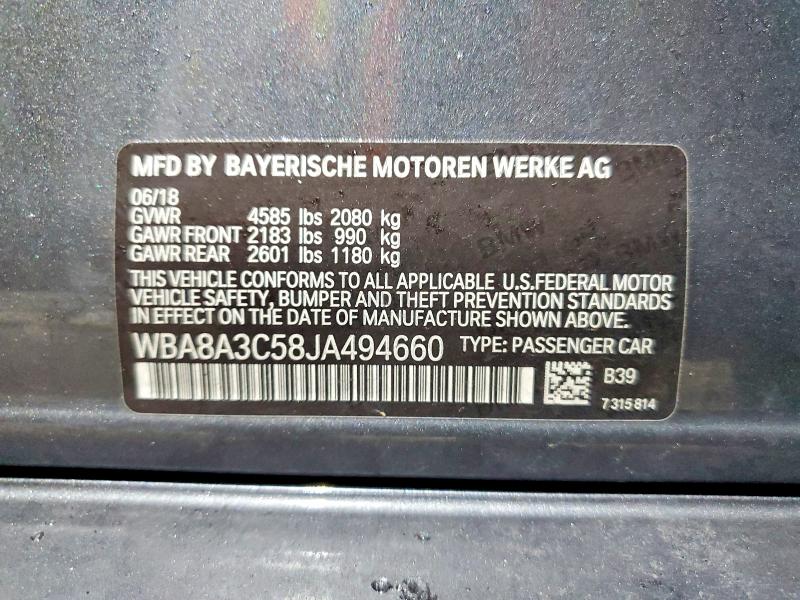 2018 Bmw 320 მანქანა იყიდება აუქციონზე, vin: WBA8A3C58JA494660, აუქციონის ნომერი: 73877315