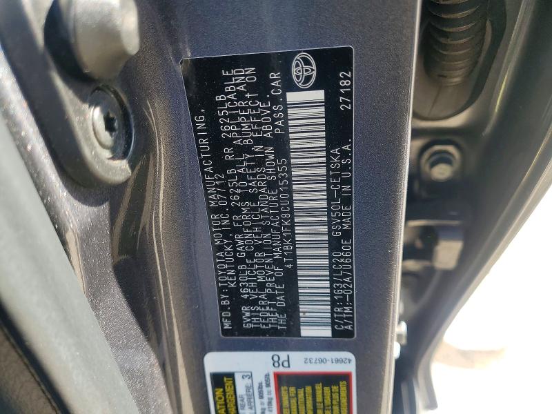 2012 Toyota Camry მანქანა იყიდება აუქციონზე, vin: 4T1BK1FK8CU015355, აუქციონის ნომერი: 75380105