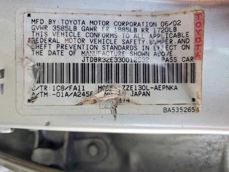 99837075 :رقم المزاد ، JTDBR32E330012592 vin ، 2003 Toyota Corolla مزاد بيع