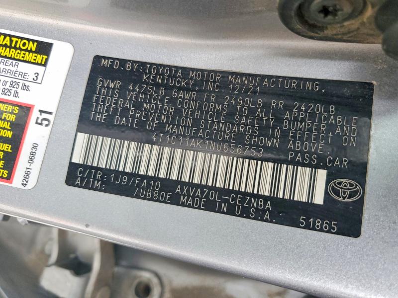 2022 Toyota Camry მანქანა იყიდება აუქციონზე, vin: 4T1C11AK1NU656753, აუქციონის ნომერი: 72230625