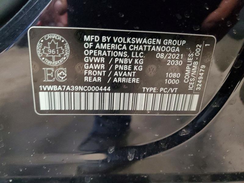 2022 Volkswagen Passat მანქანა იყიდება აუქციონზე, vin: 1VWBA7A39NC000444, აუქციონის ნომერი: 73799525