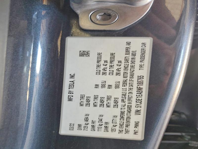 Продаж на аукціоні авто 2022 Tesla Model 3, vin: 5YJ3E1EA8NF188765, номер лоту: 72576655