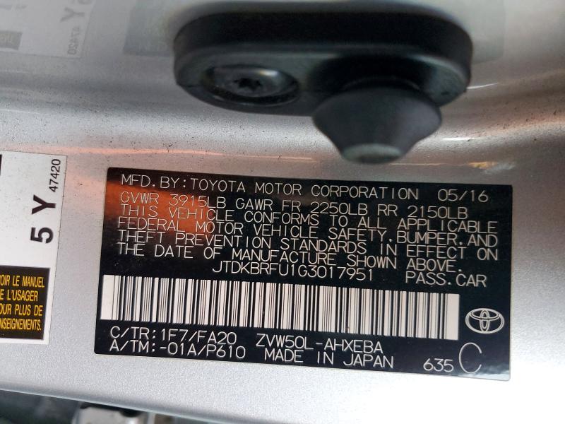 Aukcja sprzedaży 2016 Toyota Prius, vin: JTDKBRFU1G3017951, numer aukcji: 98703825