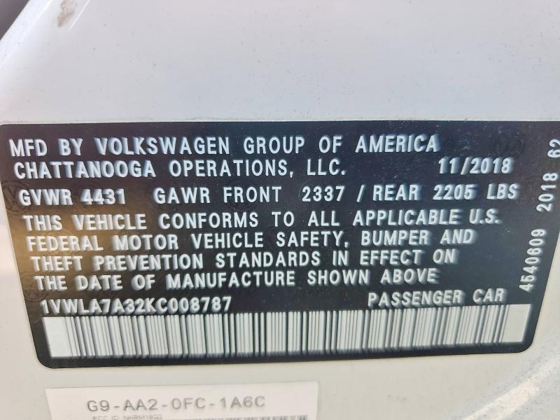 Aukcja sprzedaży 2019 Volkswagen Passat Wol, vin: 1VWLA7A32KC008787, numer aukcji: 99701375