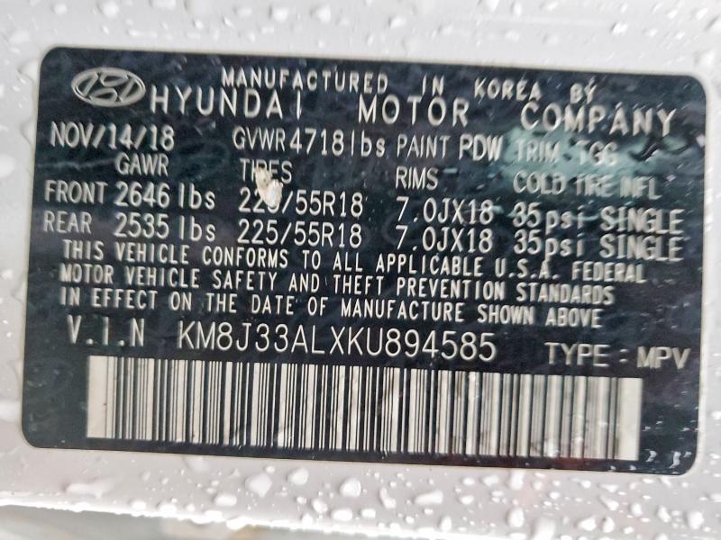 2019 Hyundai Tucson მანქანა იყიდება აუქციონზე, vin: KM8J33ALXKU894585, აუქციონის ნომერი: 99151745