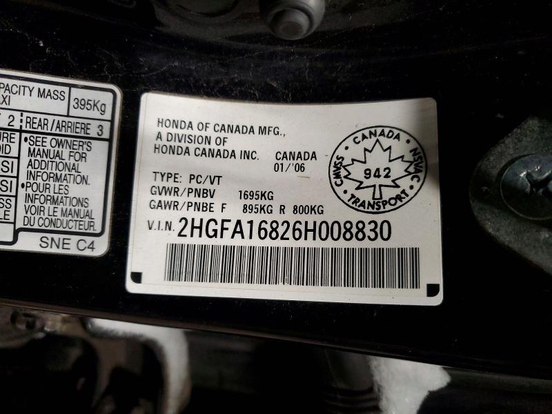 72619525 :رقم المزاد ، 2HGFA16826H008830 vin ، 2006 Honda Civic مزاد بيع