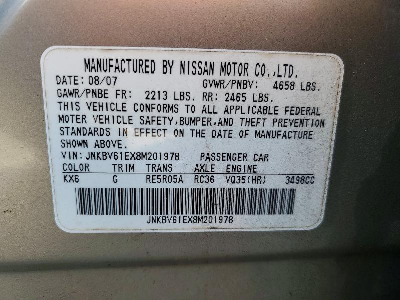 Aukcja sprzedaży 2008 Infiniti G35, vin: JNKBV61EX8M201978, numer aukcji: 72726885