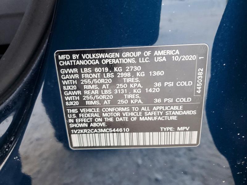 74744555 :رقم المزاد ، 1V2KR2CA3MC544610 vin ، 2021 Volkswagen Atlas مزاد بيع