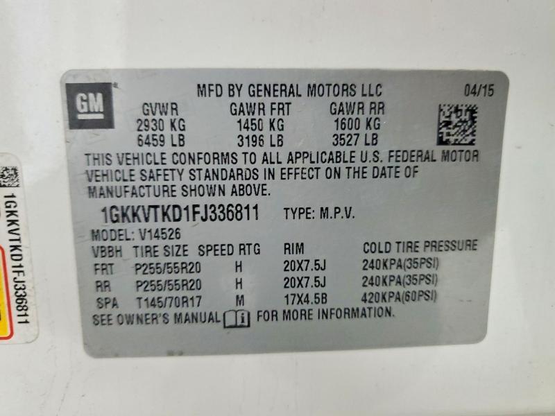 73927405 :رقم المزاد ، 1GKKVTKD1FJ336811 vin ، 2015 Gmc Acadia مزاد بيع