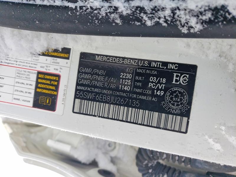 Aukcja sprzedaży 2018 Mercedes-benz C, vin: 55SWF6EB8JU267135, numer aukcji: 73264315
