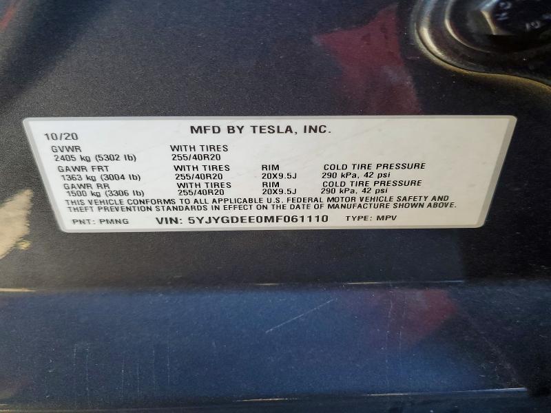 98347545 :رقم المزاد ، 5YJYGDEE0MF061110 vin ، 2021 Tesla Model Y مزاد بيع