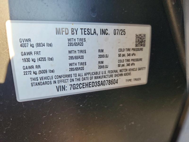 72872395 :رقم المزاد ، 7G2CEHED3SA078604 vin ، 2025 Tesla Cybertruck مزاد بيع