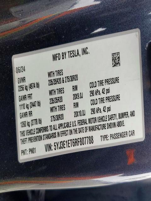 Продажа на аукционе авто 2024 Tesla Model 3, vin: 5YJ3E1ET6RF807788, номер лота: 74680615