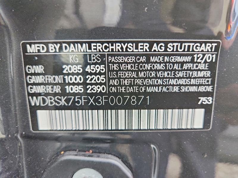 98466115 :رقم المزاد ، WDBSK75FX3F007871 vin ، 2003 Mercedes-benz Sl مزاد بيع
