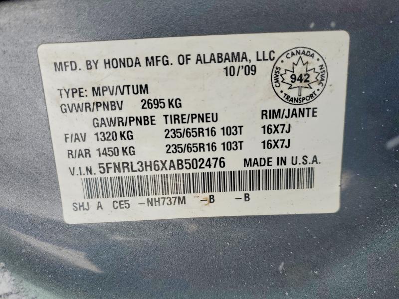 Aukcja sprzedaży 2010 Honda Odyssey, vin: 5FNRL3H6XAB502476, numer aukcji: 99779845
