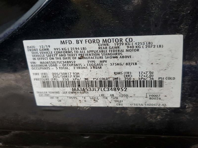 2020 Ford Ecosport მანქანა იყიდება აუქციონზე, vin: MAJ6S3JL7LC348952, აუქციონის ნომერი: 99314225
