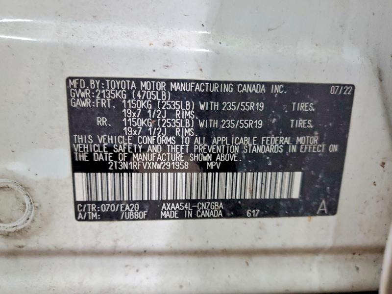 97776765 :رقم المزاد ، 2T3N1RFVXNW291958 vin ، 2022 Toyota Rav4 مزاد بيع