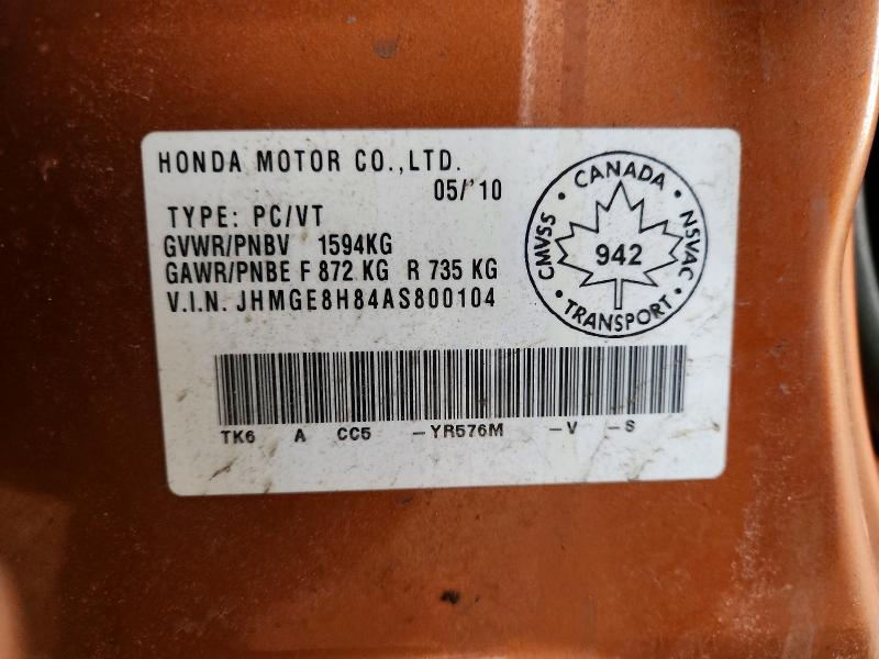 99961395 :رقم المزاد ، JHMGE8H84AS800104 vin ، 2010 Honda Fit مزاد بيع