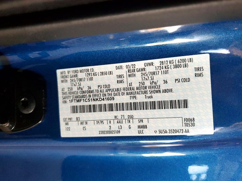 2022 Ford F150 მანქანა იყიდება აუქციონზე, vin: 1FTMF1C51NKD41609, აუქციონის ნომერი: 74919075