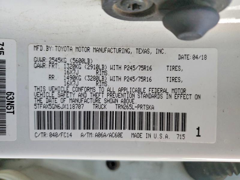 2018 Toyota Tacoma მანქანა იყიდება აუქციონზე, vin: 5TFAX5GN6JX118707, აუქციონის ნომერი: 73438715