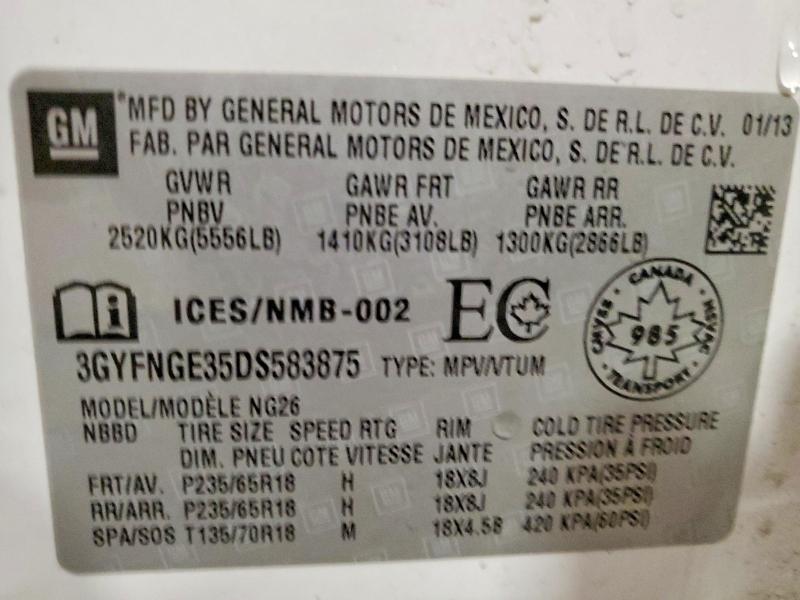 72309325 :رقم المزاد ، 3GYFNGE35DS583875 vin ، 2013 Cadillac Srx مزاد بيع