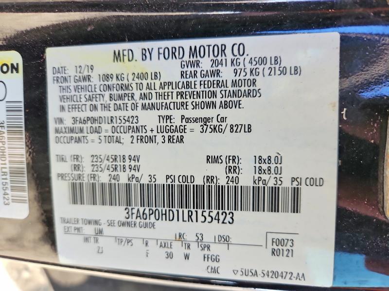 Aukcja sprzedaży 2020 Ford Fusion, vin: 3FA6P0HD1LR155423, numer aukcji: 97674835