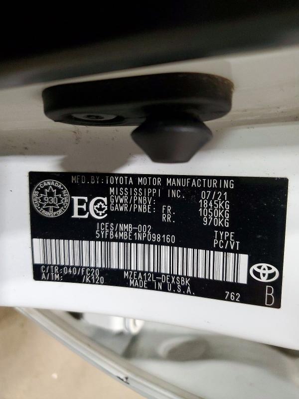 Продажа на аукционе авто 2022 Toyota Corolla, vin: 5YFB4MBE1NP098160, номер лота: 99869385