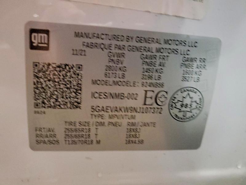 72672735 :رقم المزاد ، 5GAEVAKW9NJ107372 vin ، 2022 Buick Enclave مزاد بيع