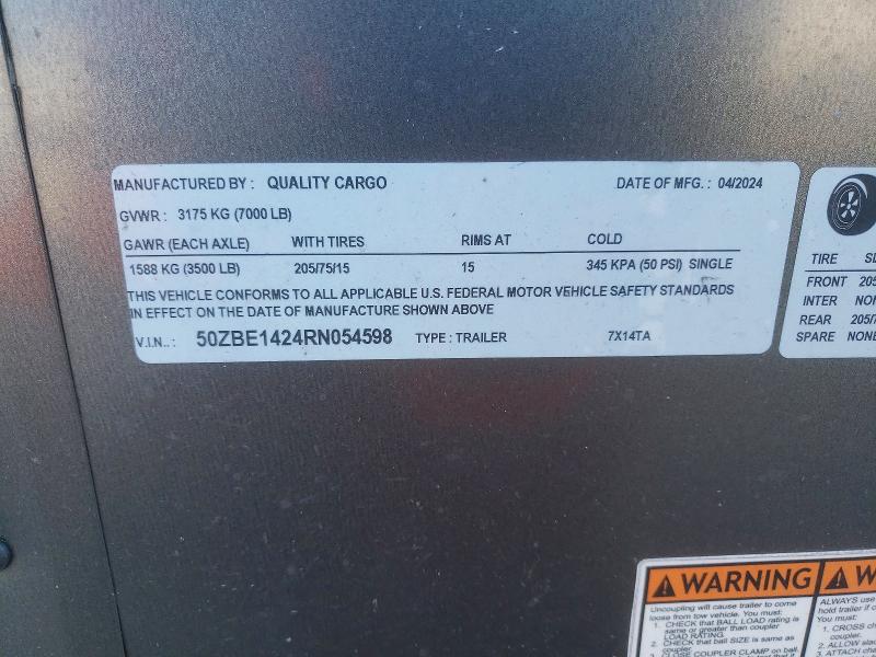 2024 Quality Cargo Unknown მანქანა იყიდება აუქციონზე, vin: 50ZBE1424RN054598, აუქციონის ნომერი: 72624745