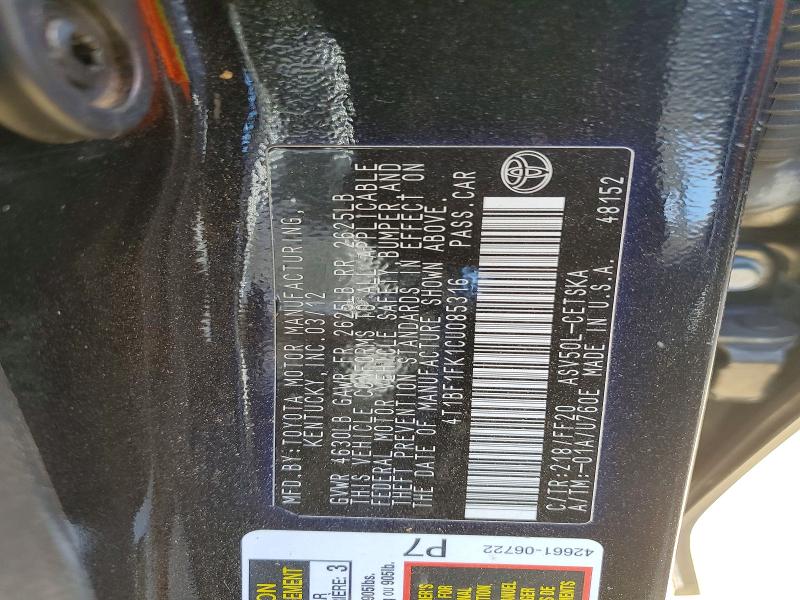 75500065 :رقم المزاد ، 4T1BF1FK1CU085316 vin ، 2012 Toyota Camry مزاد بيع