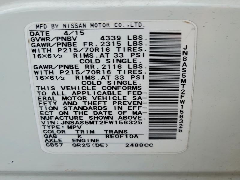 99931795 :رقم المزاد ، JN8AS5MT2FW156325 vin ، 2015 Nissan Rogue Select مزاد بيع