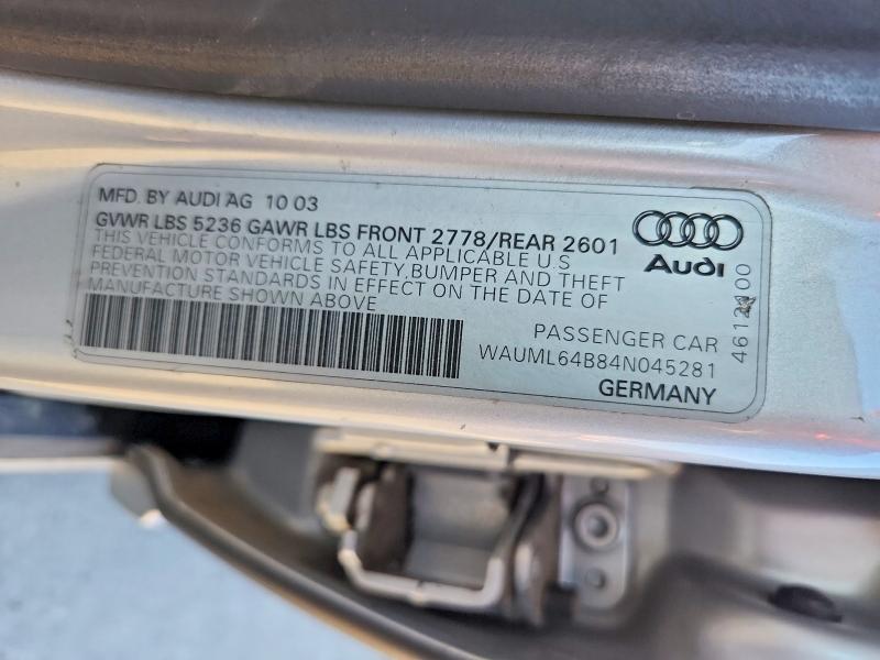 99820295 :رقم المزاد ، WAUML64B84N045281 vin ، 2004 Audi A6 مزاد بيع