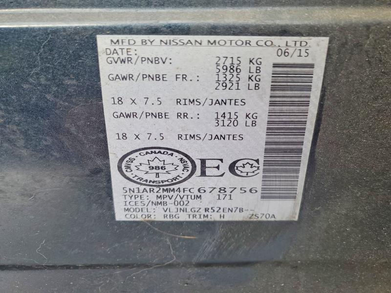 2015 Nissan Pathfinder მანქანა იყიდება აუქციონზე, vin: 5N1AR2MM4FC678756, აუქციონის ნომერი: 99940825