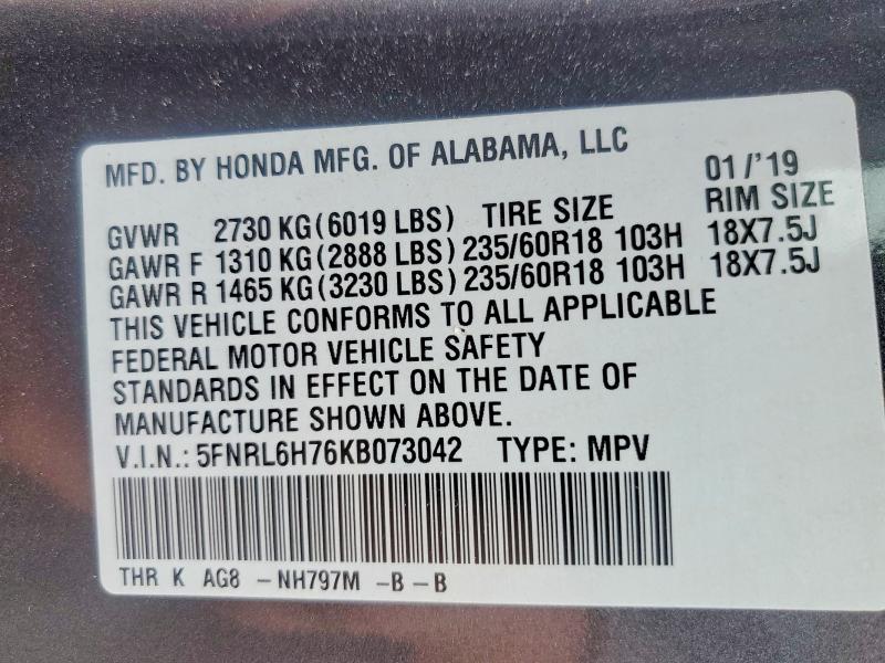 Продаж на аукціоні авто 2019 Honda Odyssey, vin: 5FNRL6H76KB073042, номер лоту: 74592275
