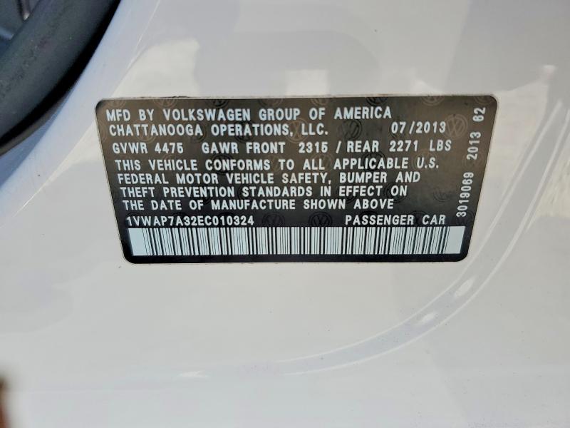 72350385 :رقم المزاد ، 1VWAP7A32EC010324 vin ، 2014 Volkswagen Passat S مزاد بيع