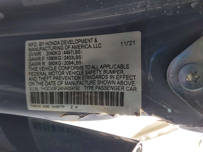 Aukcja sprzedaży 2022 Honda Accord, vin: 1HGCV3F24NA004192, numer aukcji: 99361885