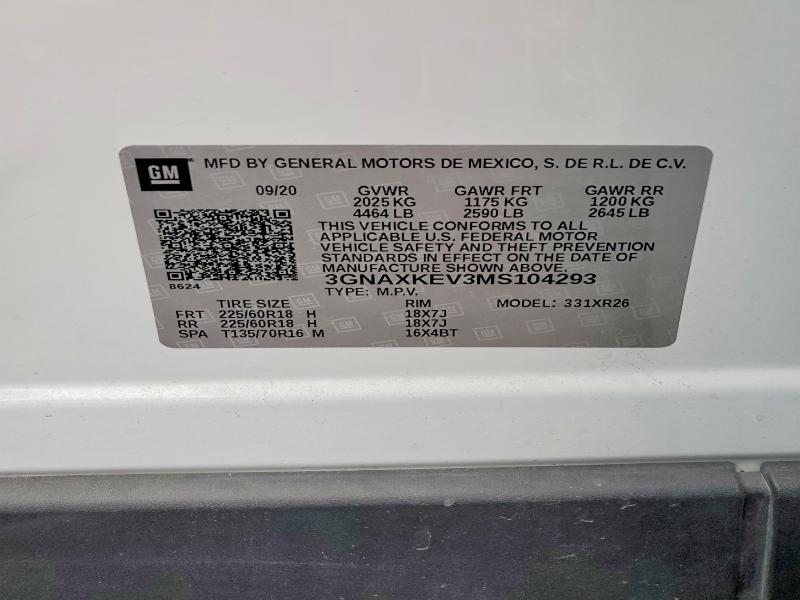 Aukcja sprzedaży 2021 Chevrolet Equinox, vin: 3GNAXKEV3MS104293, numer aukcji: 97876195
